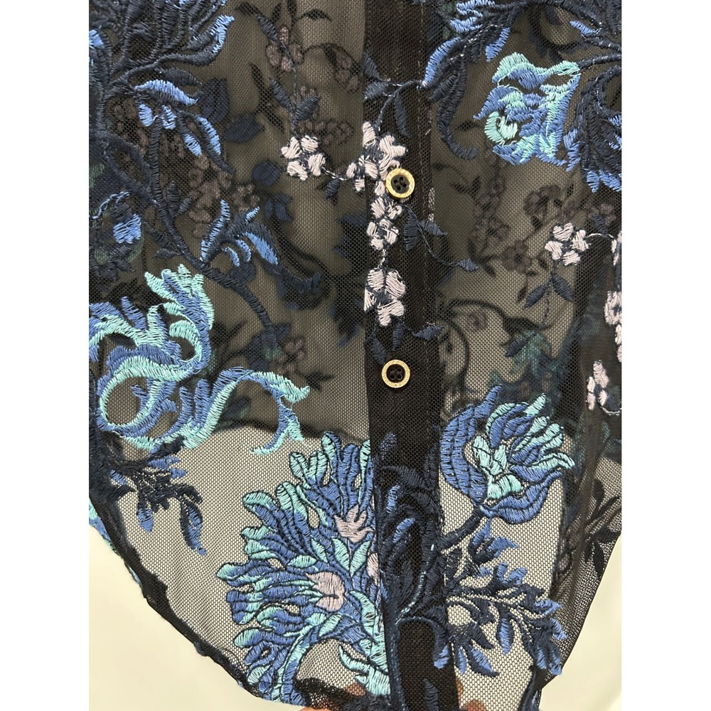 Sheer Black Mesh Floral Embroidered Button Down Shirt Blue Teal Top XL - Picture 5 of 9